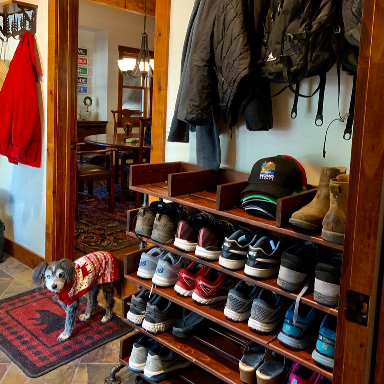 Wide Handmade Reclaimed Cubbies Wood Shoe Stand / Rack / Organizer with Pipe Stand Legs