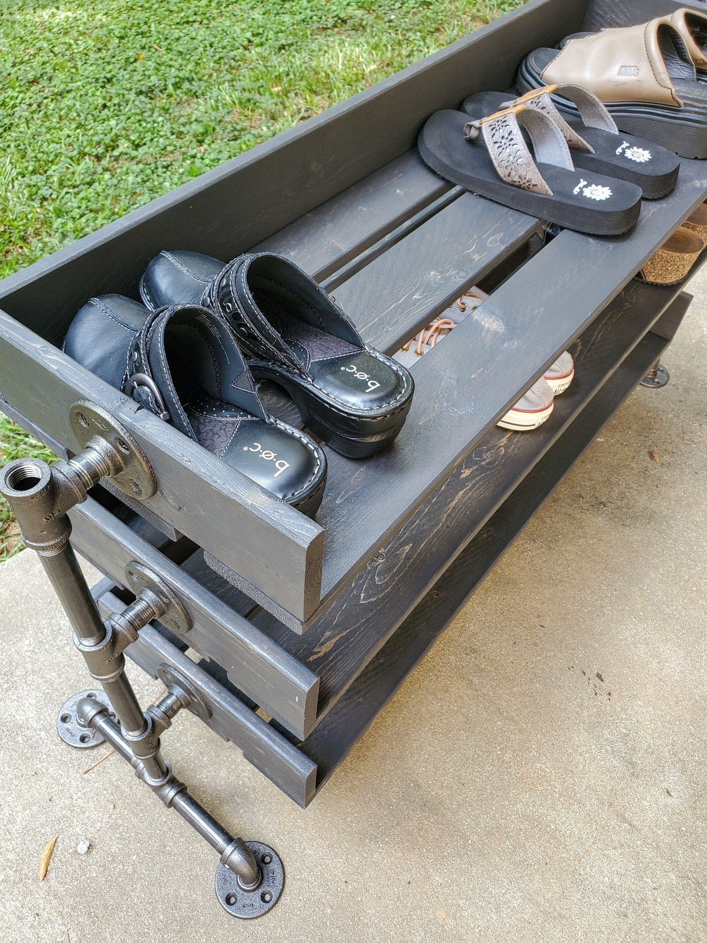 Handmade Reclaimed Wood Shoe Stand / Rack / Organizer with Pipe Stand Legs