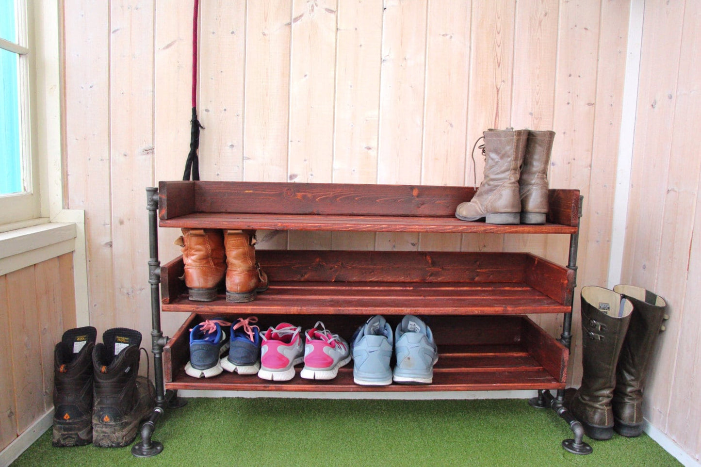 Handmade Reclaimed Wood Shoe Stand / Rack / Organizer with Pipe Stand Legs