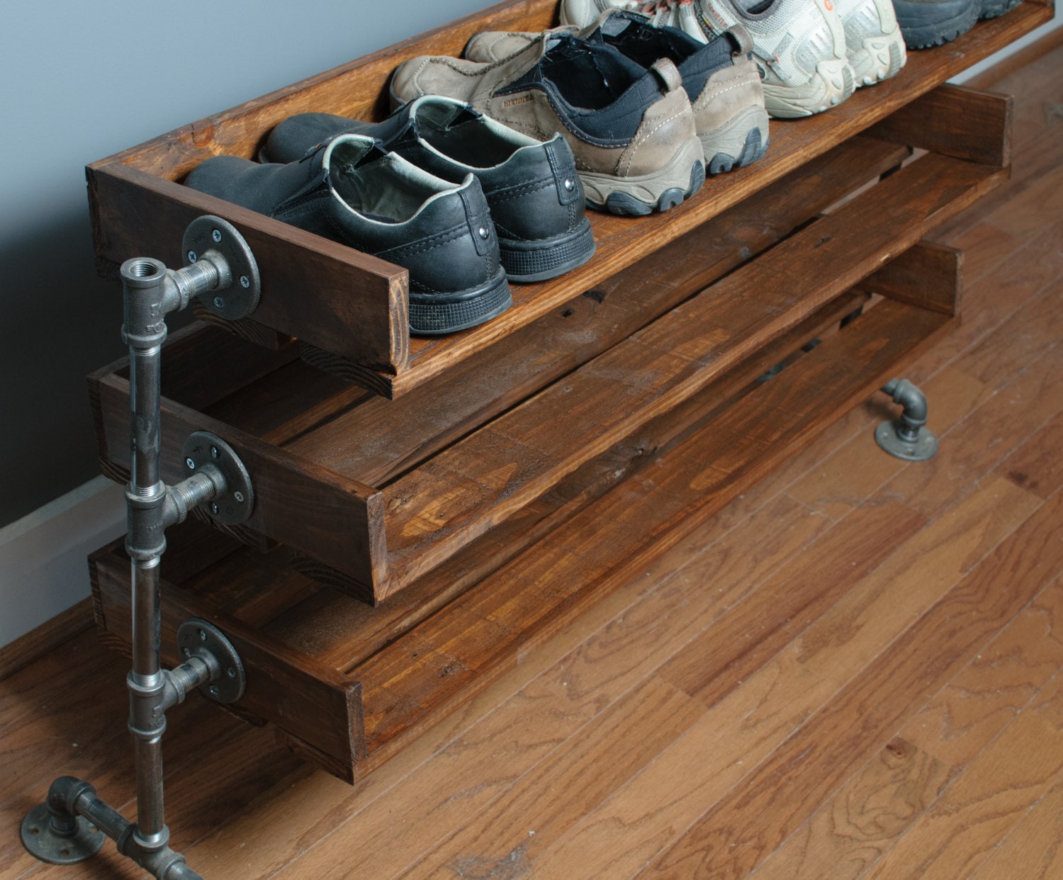 Wide Handmade Reclaimed Cubbies Wood Shoe Stand with Boot level